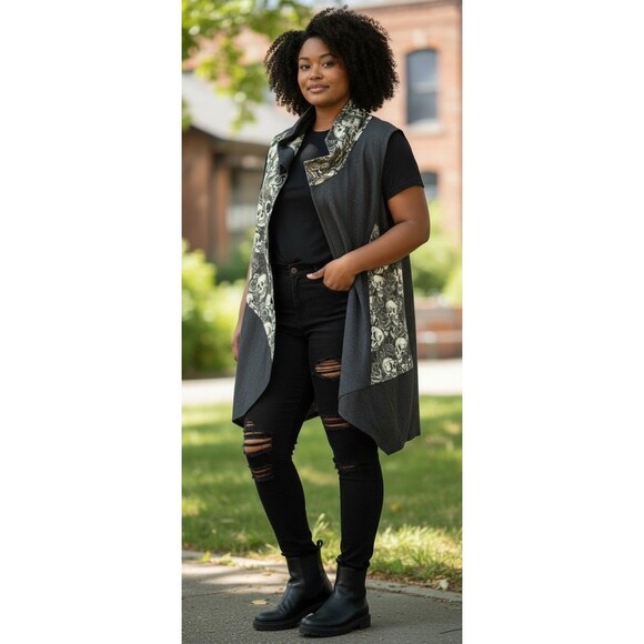Unbranded Jackets & Blazers - Women’s Black Gothic Skull Roses Shawl Collar‎ Vest Size 1X